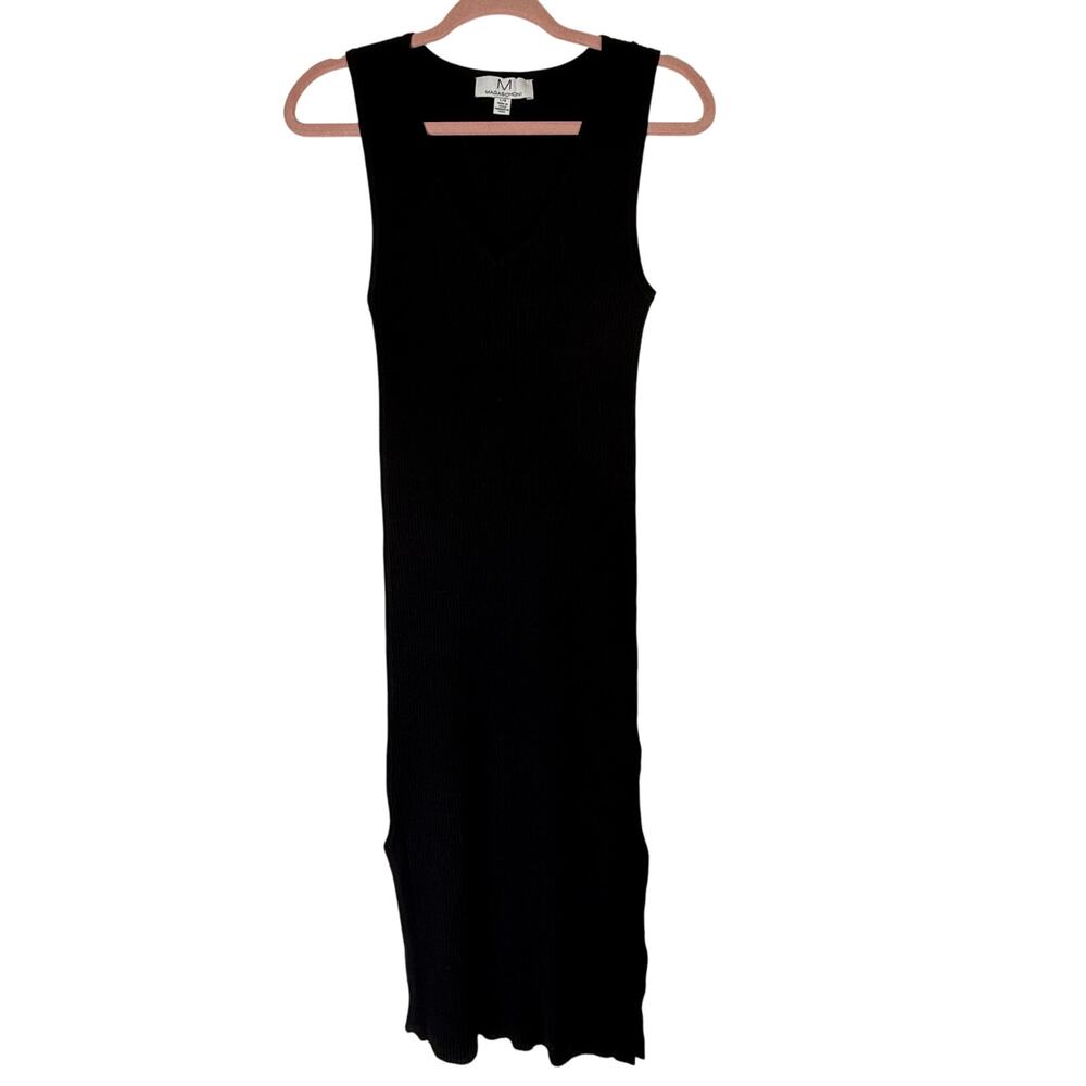 Magaschoni‎ Black Ribbed Knit Bodycon Sleeveless V-Neck Sweater Dress Size L